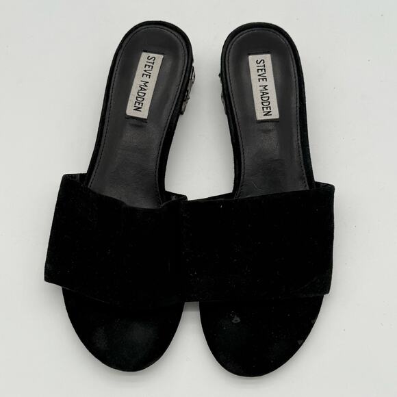 Steve Madden Black Suede Leather Costa Sandal Embellished Heel 8.5 - Picture 2 of 5